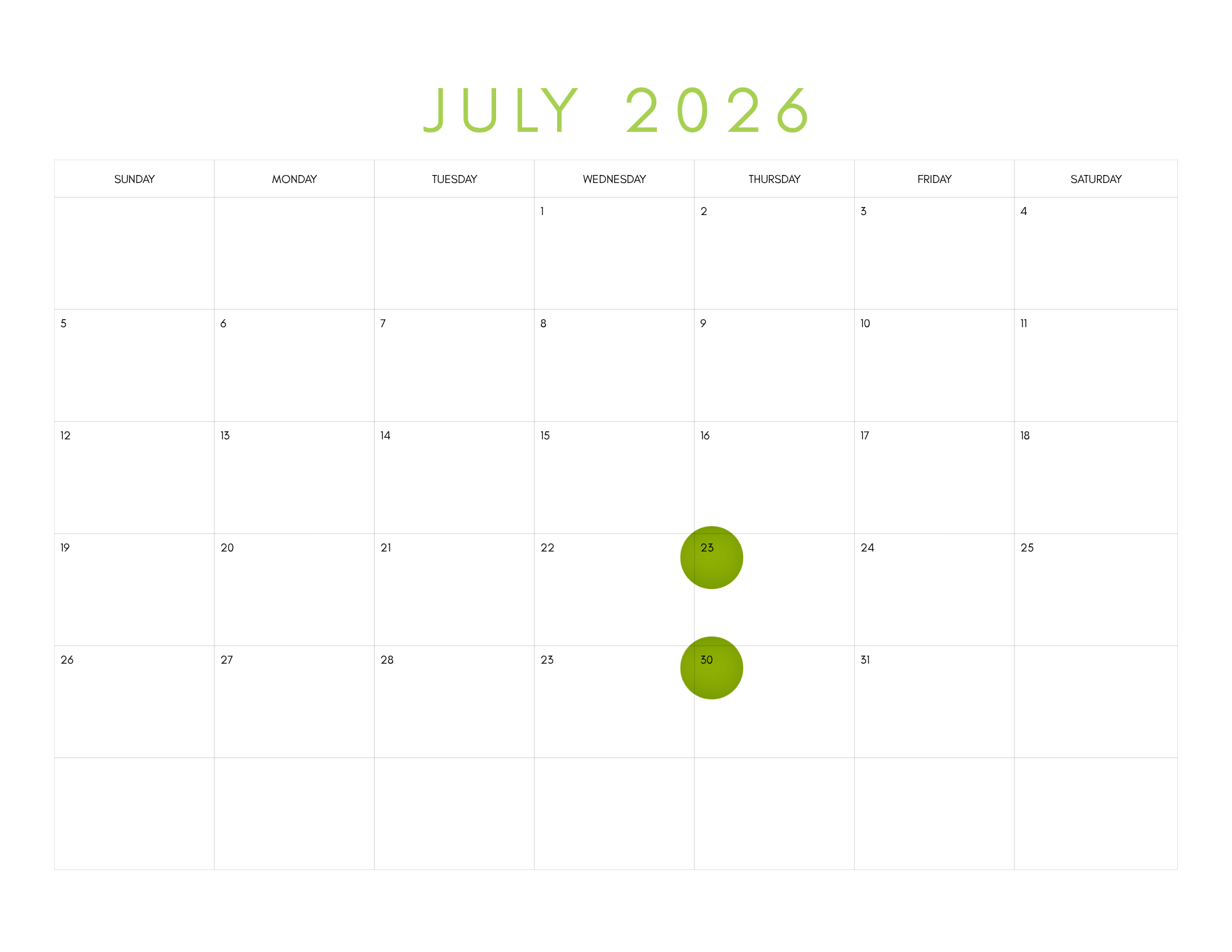 July 2026 Calendar 23rd and 30th